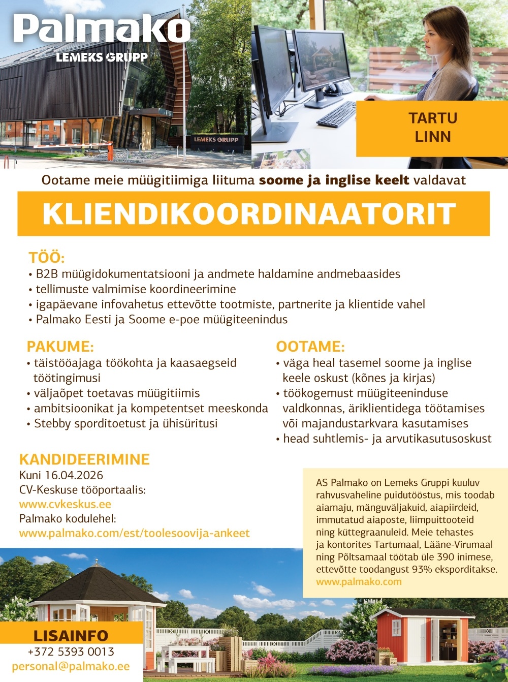 Palmako AS Soome ja inglise keele oskusega KLIENDIKOORDINAATOR