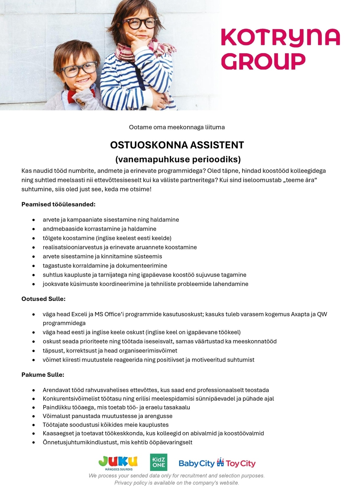 Kotryna OÜ Ostuosakonna assistent (vanemapuhkuse perioodiks)