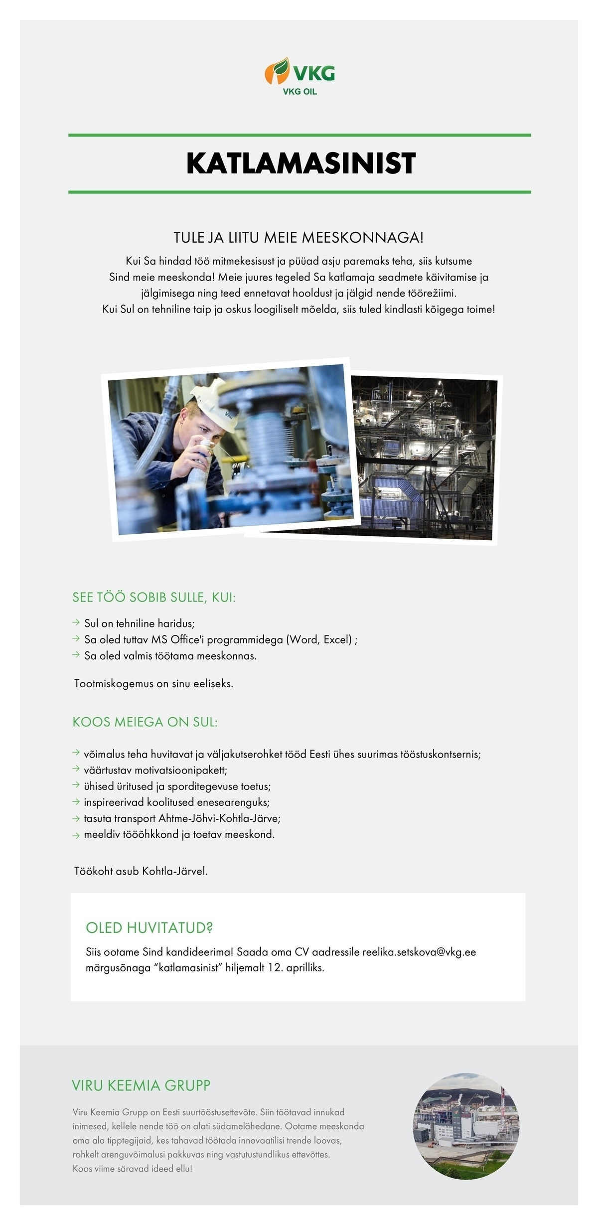 Viru Keemia Grupp AS KATLAMASINIST / МАШИНИСТ КОТЕЛЬНОГО ОБОРУДОВАНИЯ