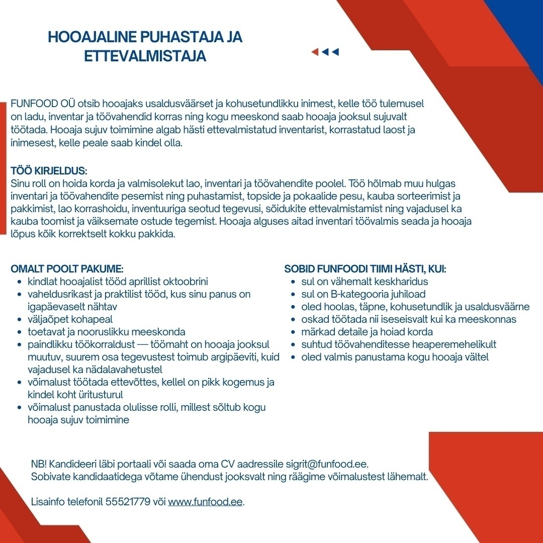FUNFOOD OÜ HOOAJALINE PUHASTAJA-ETTEVALMISTAJA