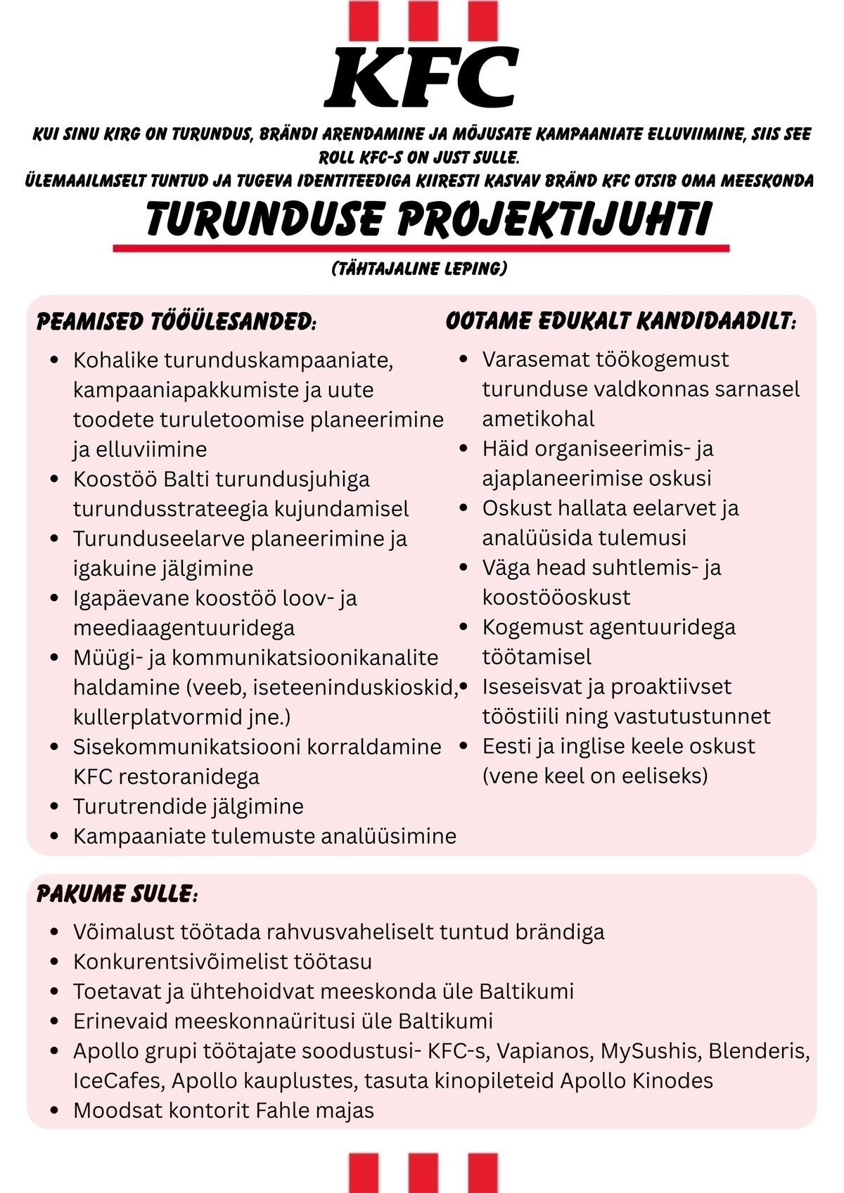 APL Fresh Food OÜ KFC Turunduse Projektijuht (tähtajaline leping)!