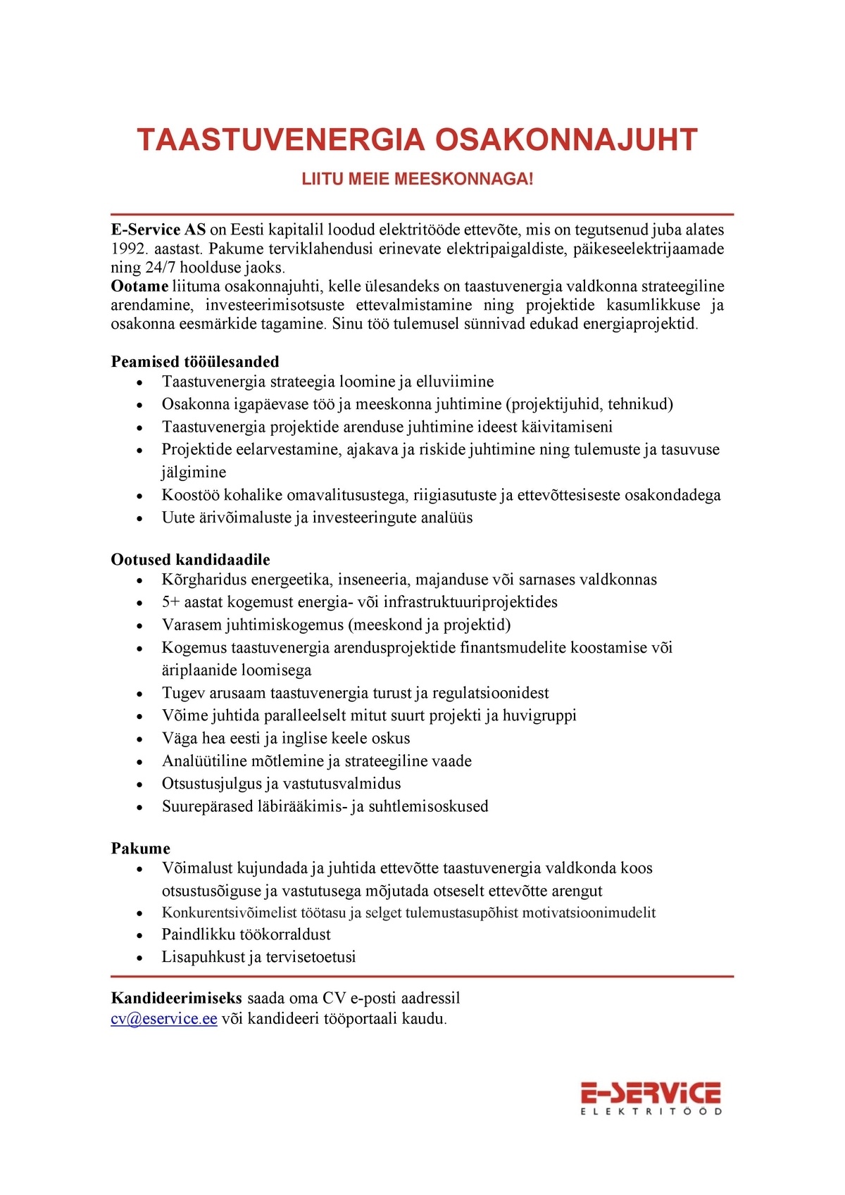E-Service AS TAASTUVENERGIA OSAKONNAJUHT