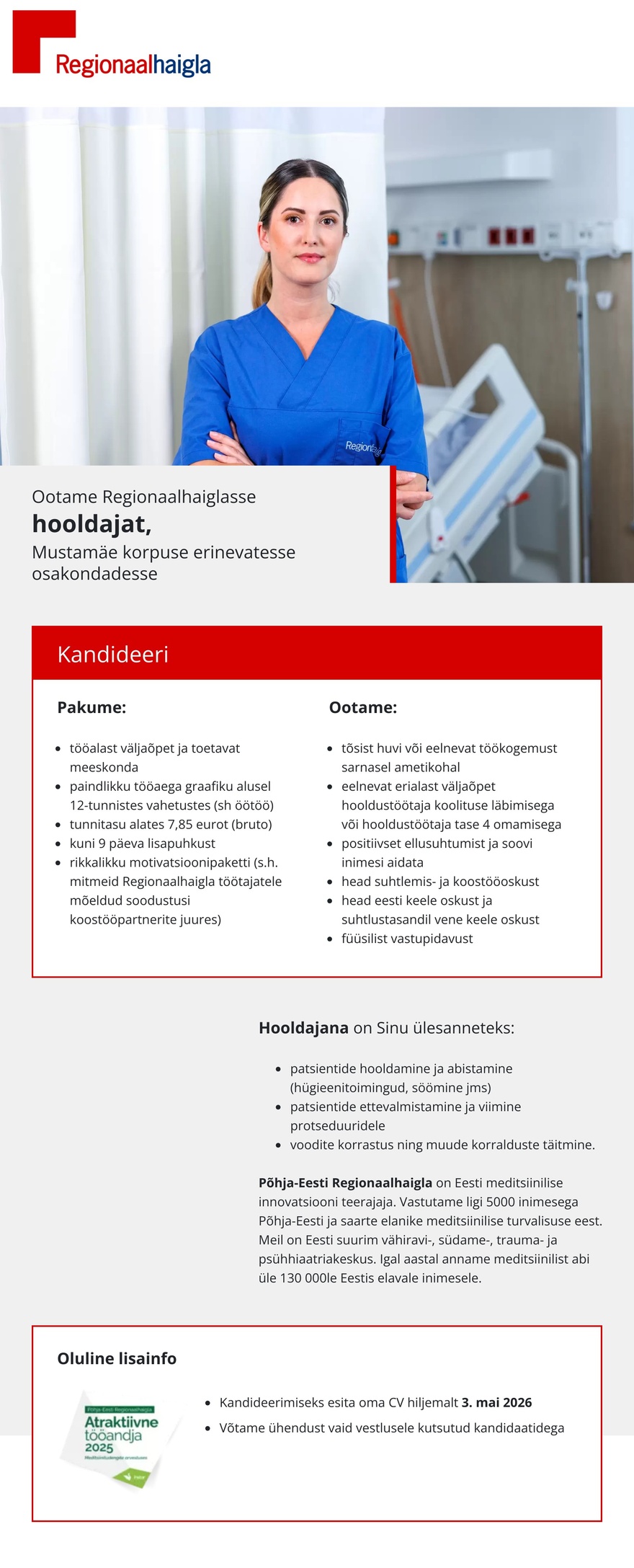 Põhja-Eesti Regionaalhaigla Hooldaja erinevatesse osakondadesse (Mustamäe korpusesse)