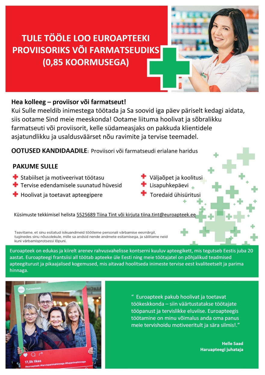 Euroapteek OÜ Loo apteegi proviisor-farmatseut 0,85 koormusega