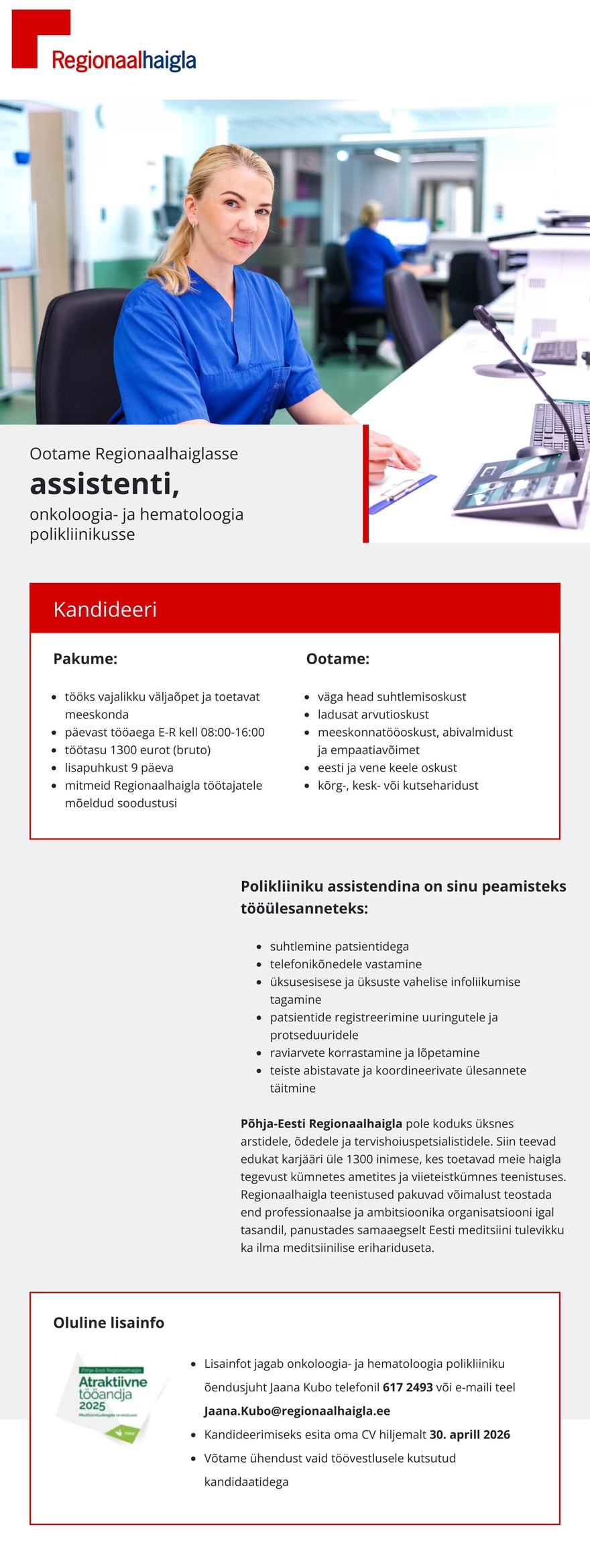Põhja-Eesti Regionaalhaigla Assistent onkoloogia- ja hematoloogia polikliinikusse