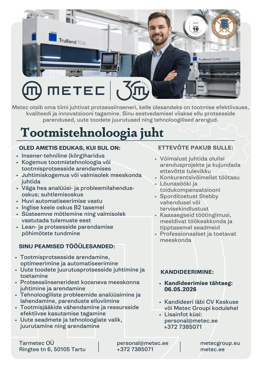 Tarmetec OÜ Tootmistehnoloogia juht