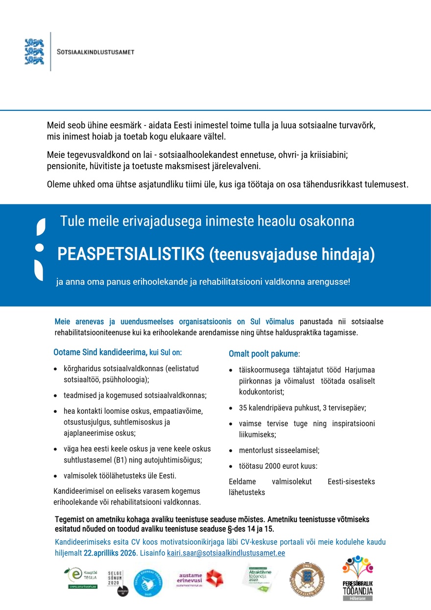 Sotsiaalkindlustusamet Peaspetsialist (teenusvajaduse hindaja)