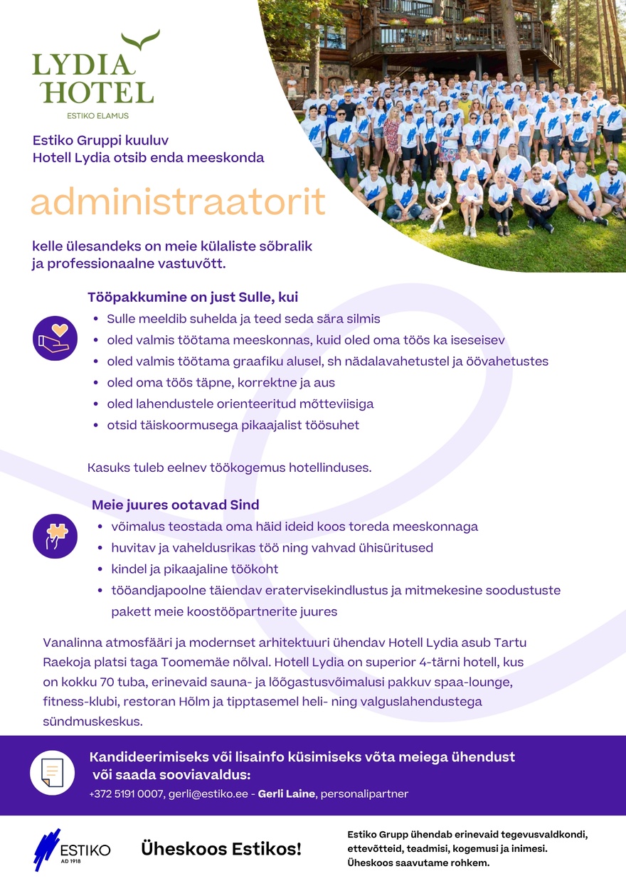 OÜ Lydia Hotell Hotell Lydia vastuvõtuadministraator