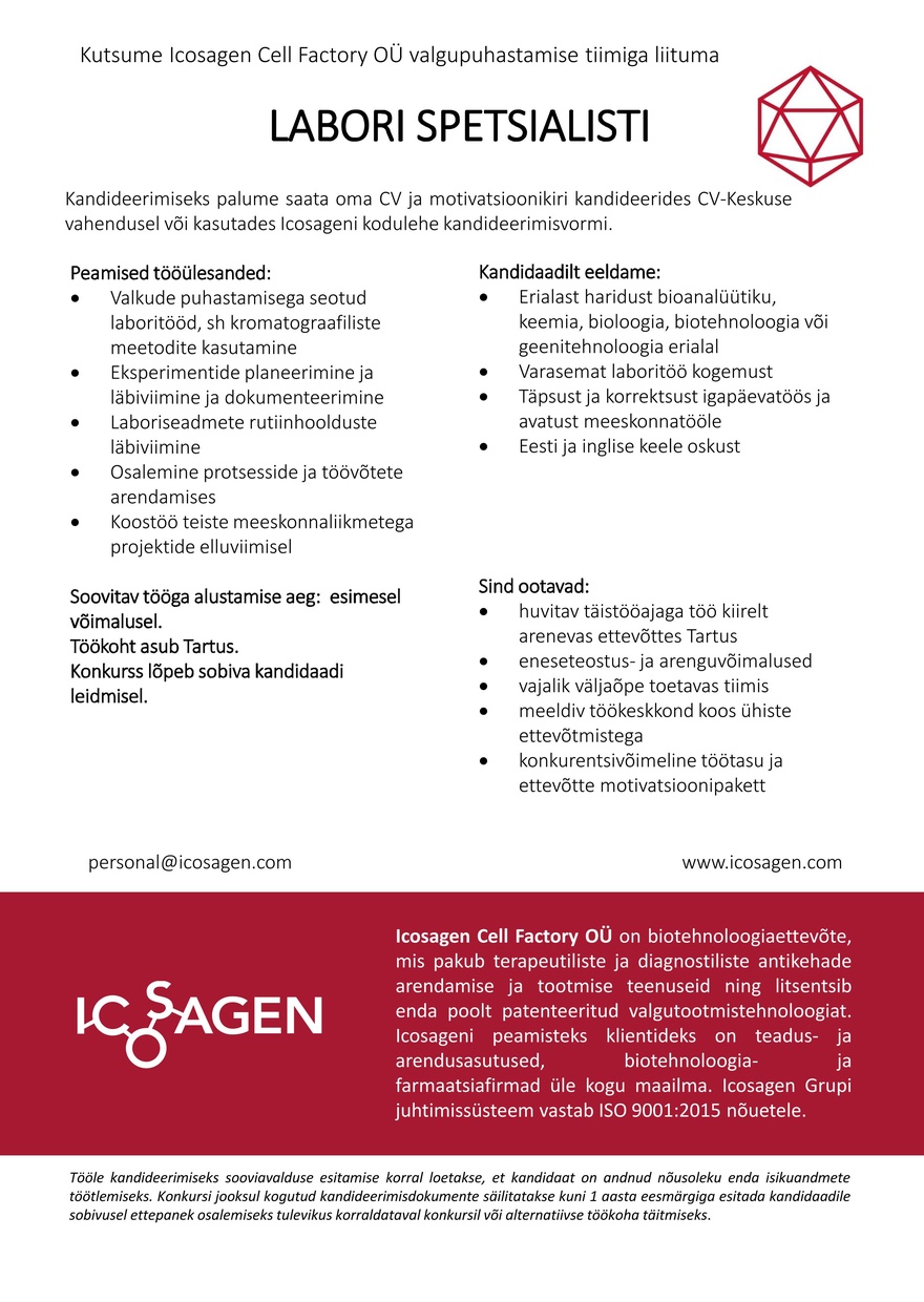 Icosagen Cell Factory OÜ LABORI SPETSIALIST