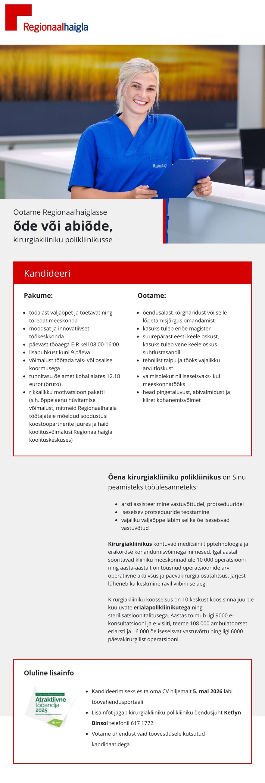 Põhja-Eesti Regionaalhaigla Õde või abiõde kirurgiakliiniku polikliinikusse