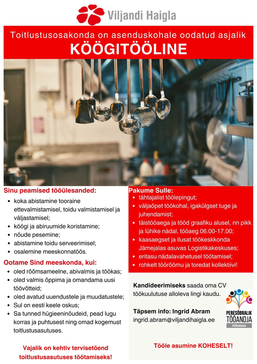 SA Viljandi Haigla Köögitööline (asenduskoht)