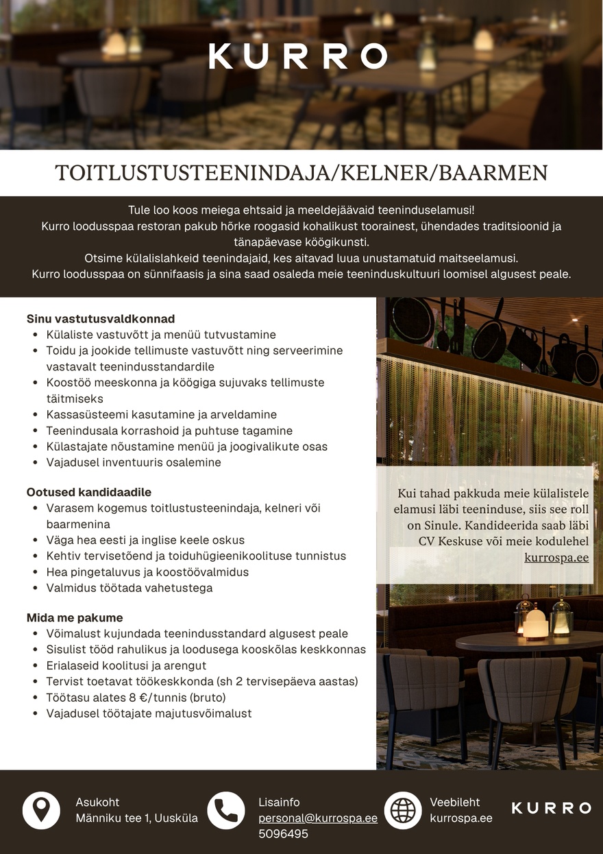 Loodusspaahotell OÜ Toitlustusteenindaja/Kelner/Baarmen