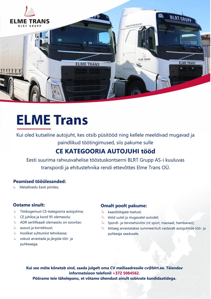 ELME Trans Veoautojuht / водитель грузовика (CE)