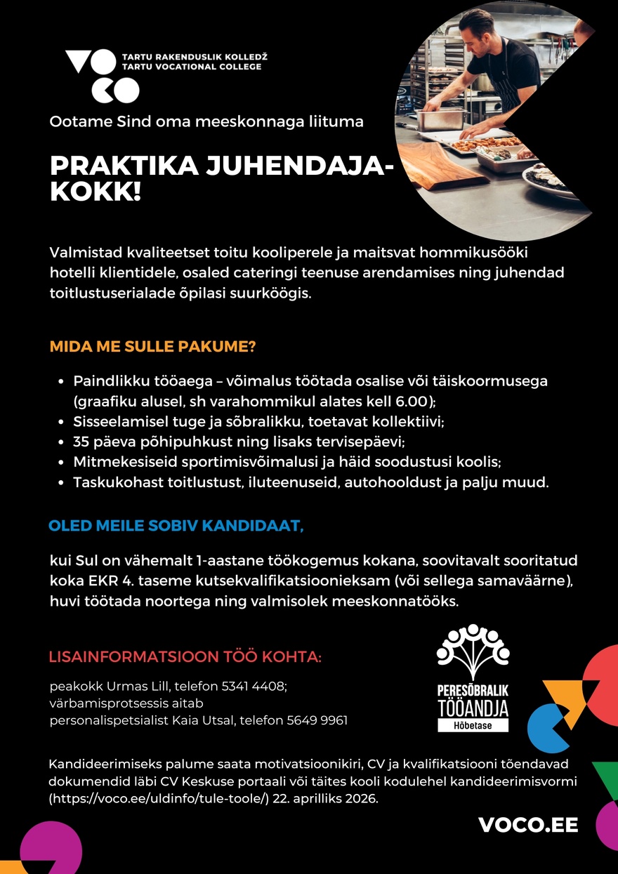 Tartu Rakenduslik Kolledž Praktika juhendaja-kokk