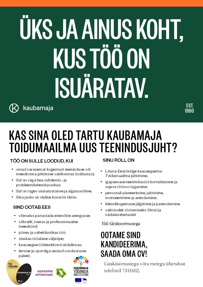 Kaubamaja Teenindusjuht Tartu Kaubamaja Toidumaailmas