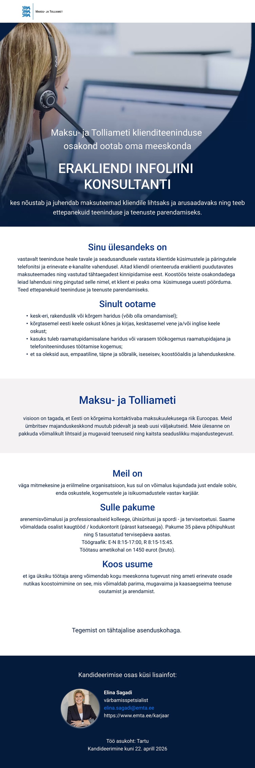 Maksu- ja Tolliamet Erakliendi infoliini konsultant