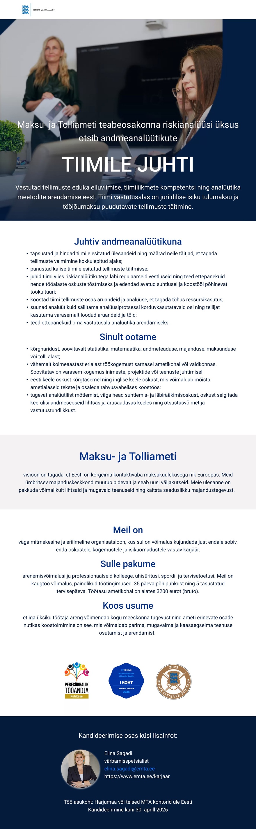 Maksu- ja Tolliamet Juhtiv andmeanalüütik