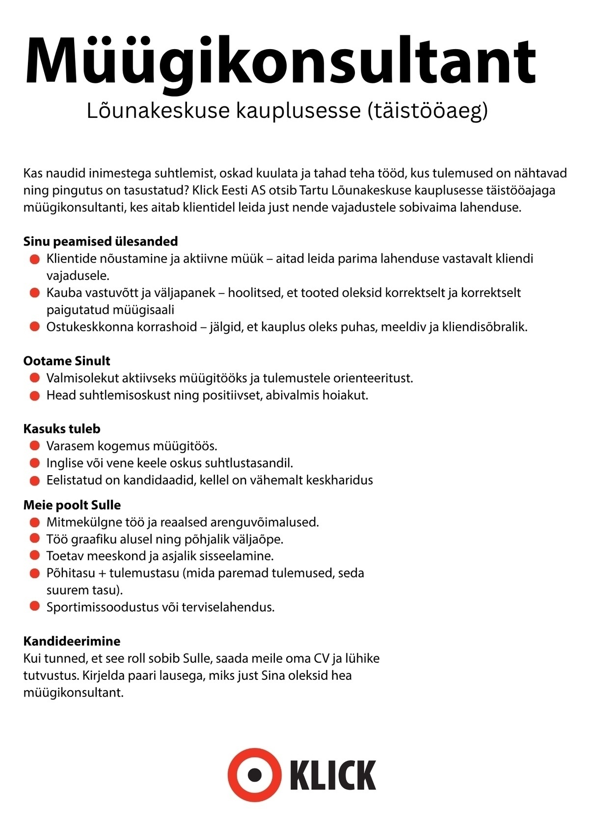 Klick Eesti AS Müügikonsultant (Lõunakeskus)