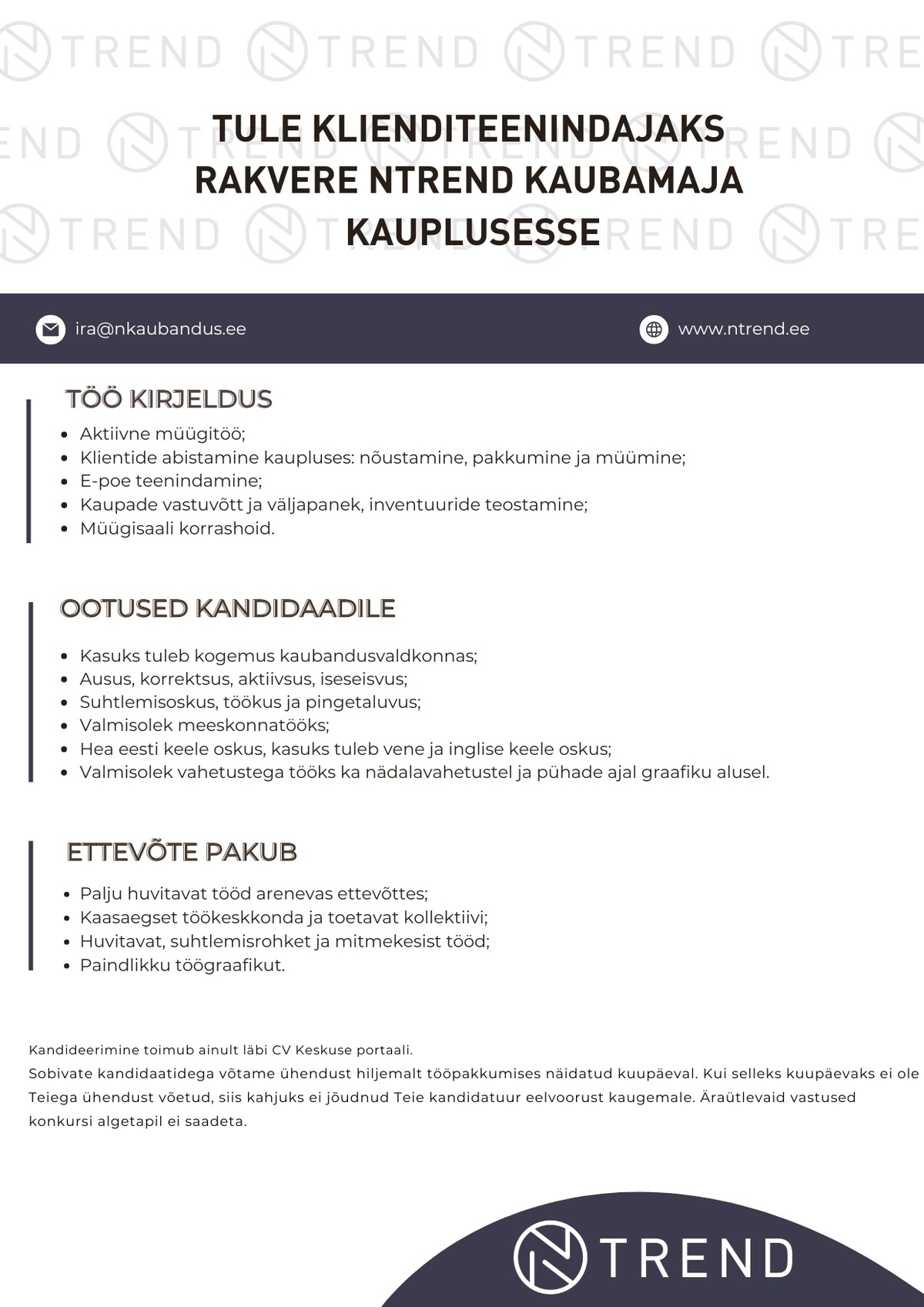 N-KAUBANDUS OÜ Tule klienditeenindajaks Rakvere NTrend Kaubamaja kauplusesse