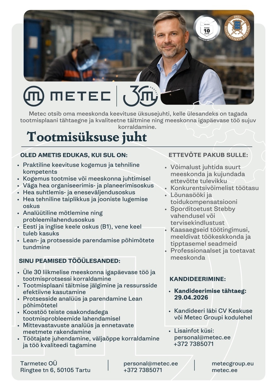 Tarmetec OÜ Tootmisüksuse juht (keevitus)