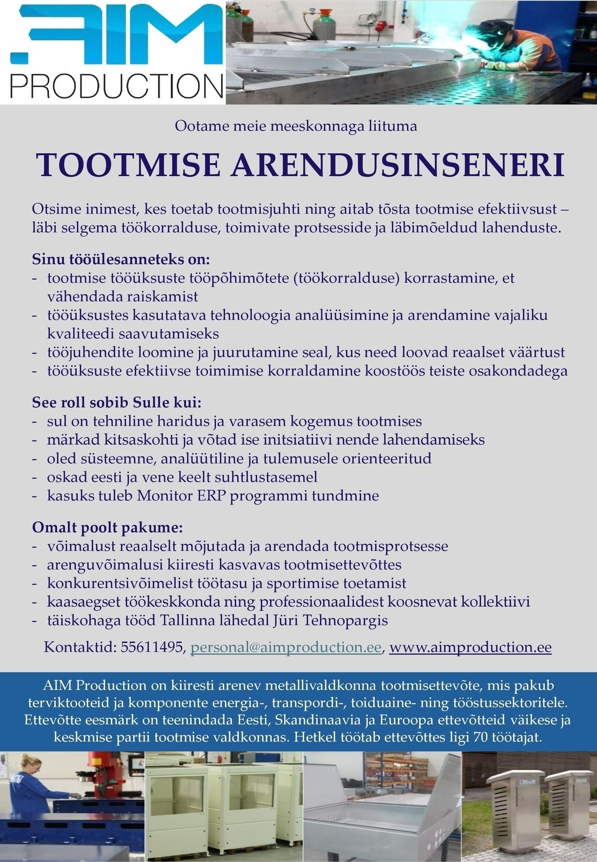 AIM PRODUCTION OÜ TOOTMISE ARENDUSINSENER