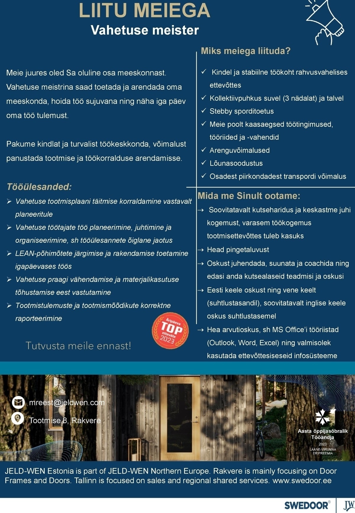 JELD-WEN Eesti AS VAHETUSE MEISTER (Rakvere tehas)