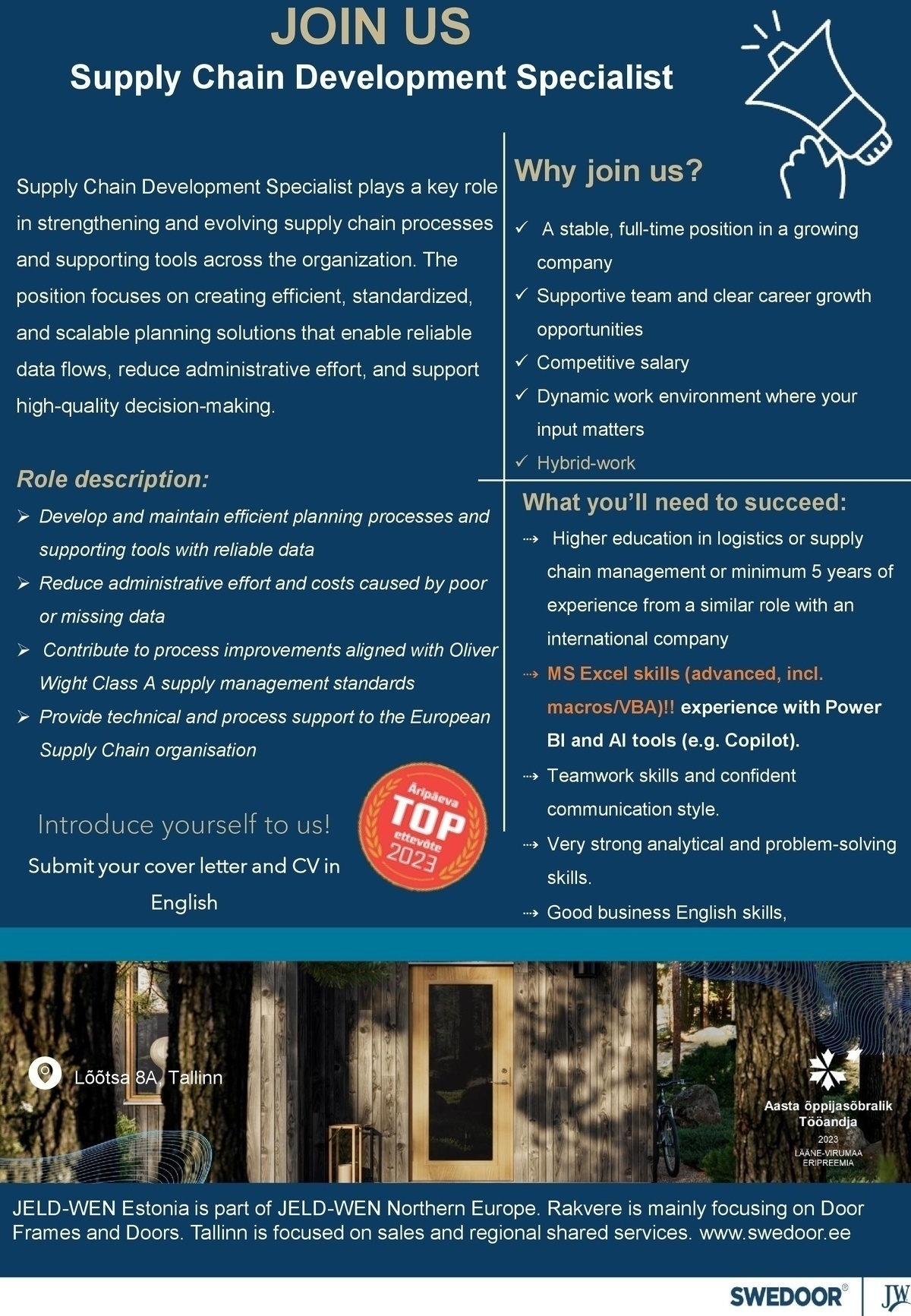 JELD-WEN Eesti AS Supply Chain Development Specialist (apply with cover letter)