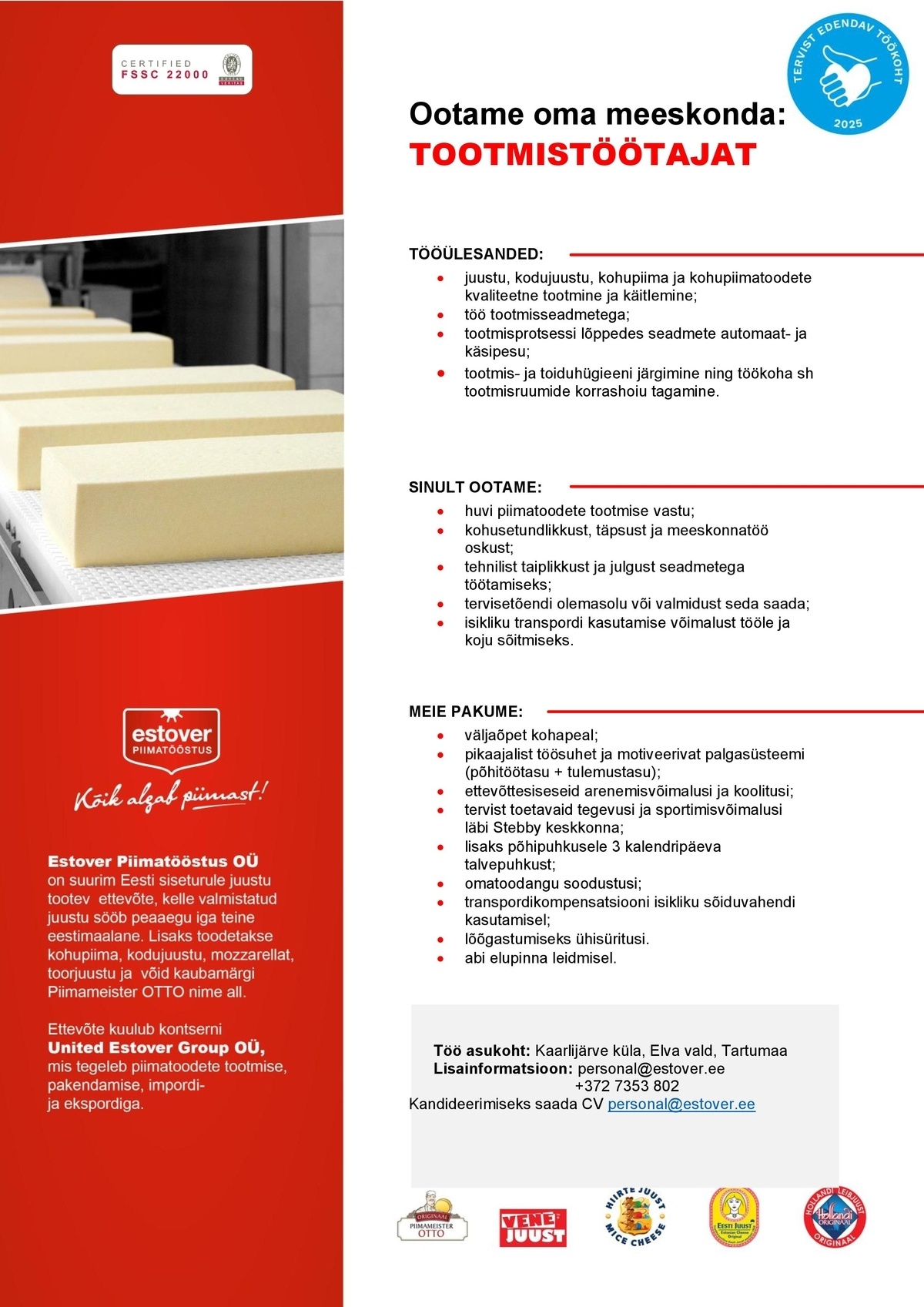 ESTOVER PIIMATÖÖSTUS OÜ TOOTMISTÖÖTAJA