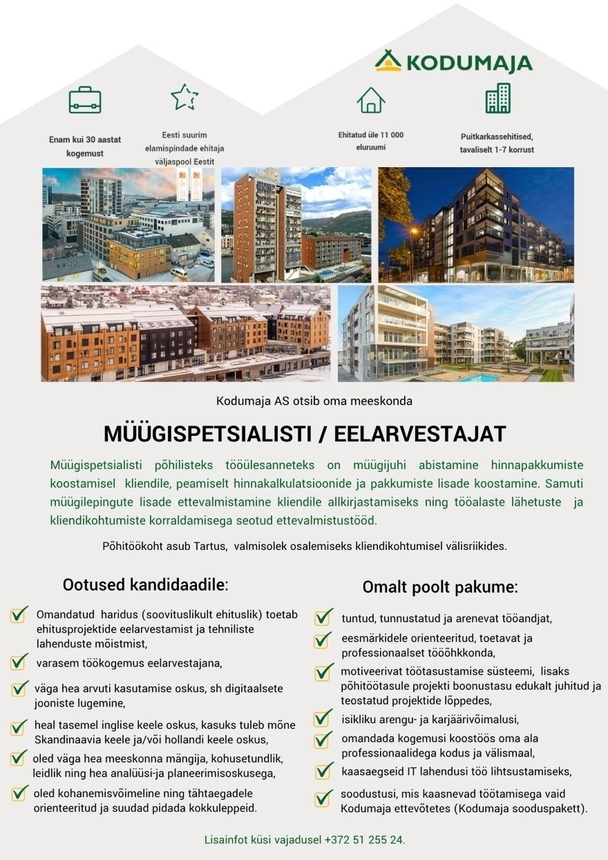 Kodumaja AS Müügispetsialist / eelarvestaja