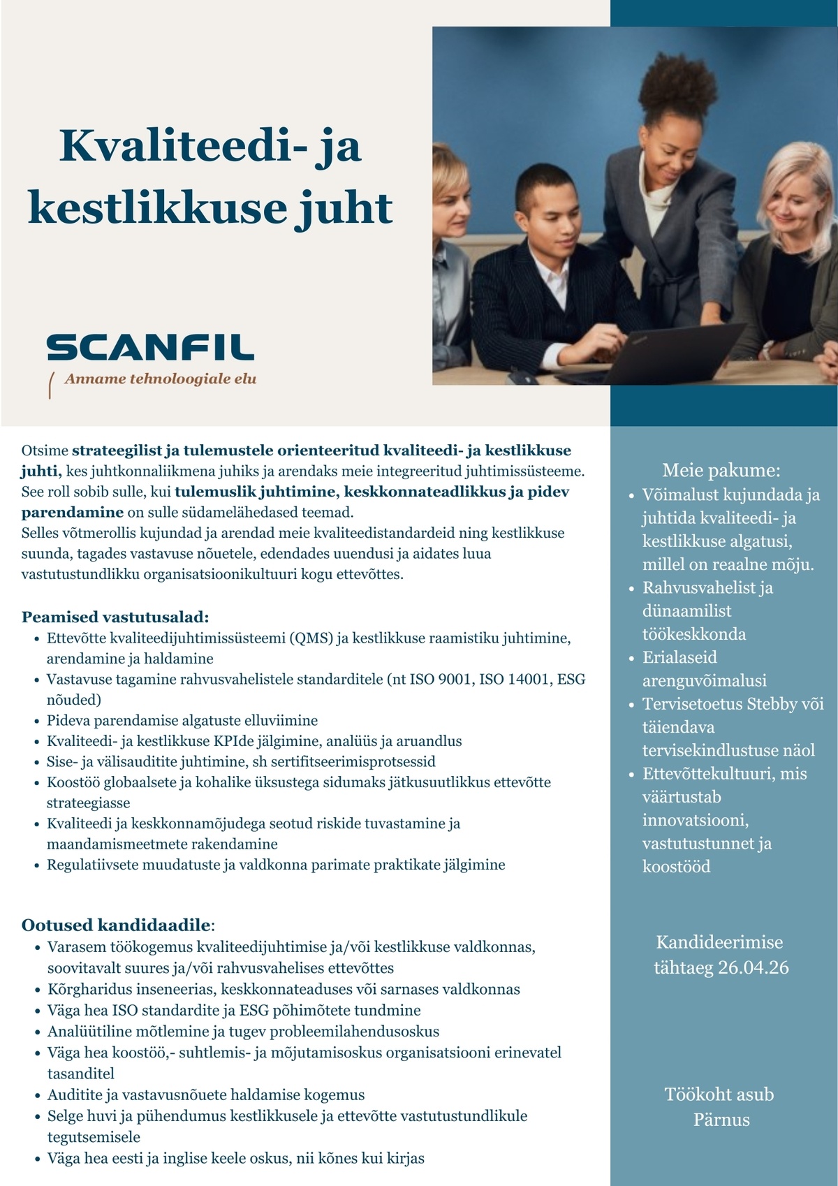 Scanfil OÜ Kvaliteedi- ja kestlikkuse juht