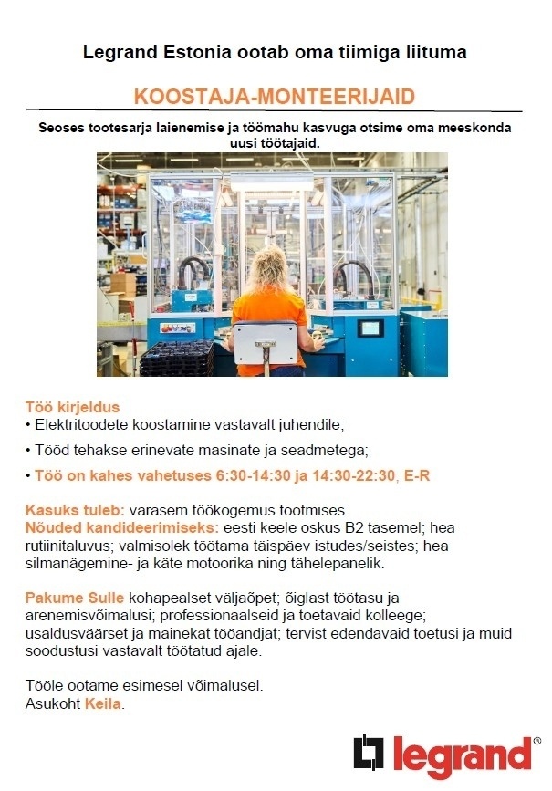 Legrand Estonia OÜ Koostaja-monteerija