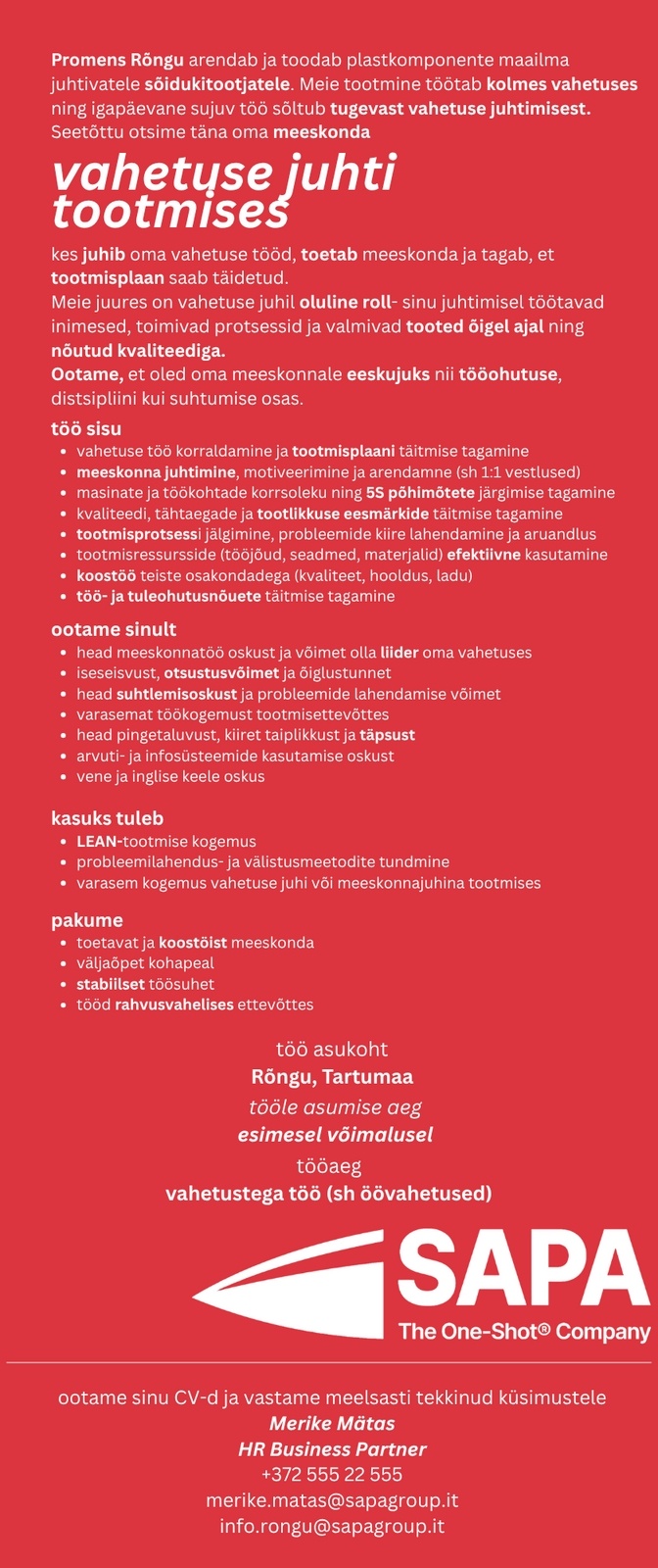 PROMENS RÕNGU AS Vahetuse juht