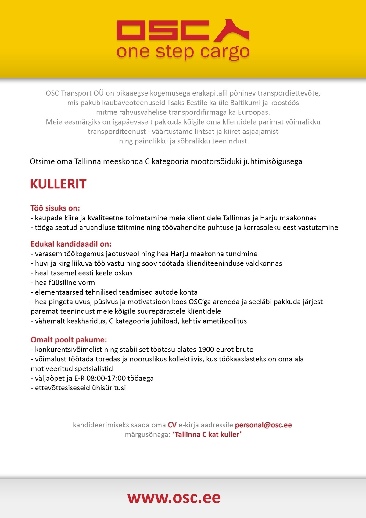 OSC TRANSPORT OÜ Autojuht-kuller C kat