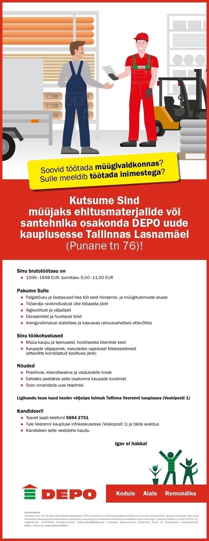 DEPO DIY EE OÜ Ehitusmaterjalide või santehnika osakonna müüja, Lasnamäe (Punane tn 76)