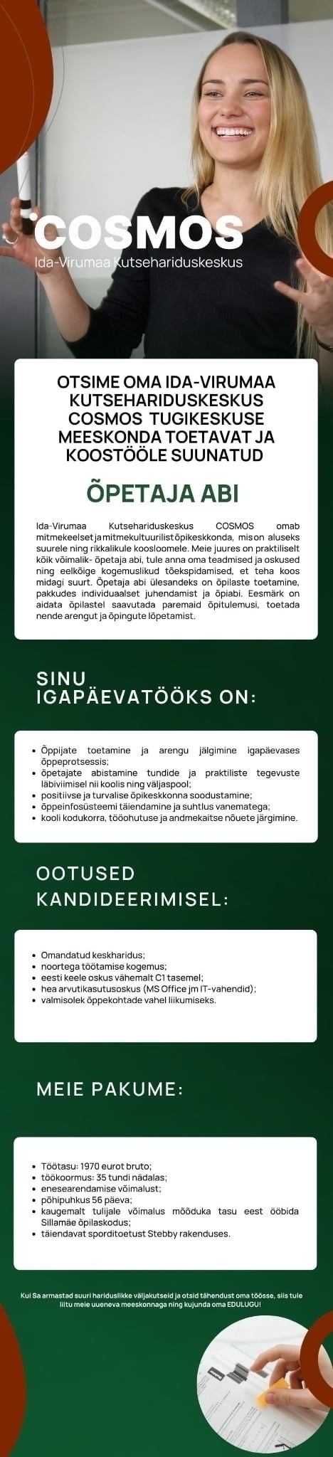 Ida-Virumaa Kutsehariduskeskus Toetav ja koostööle suunatud ÕPETAJA ABI- otsime just Sind oma meeskonda!