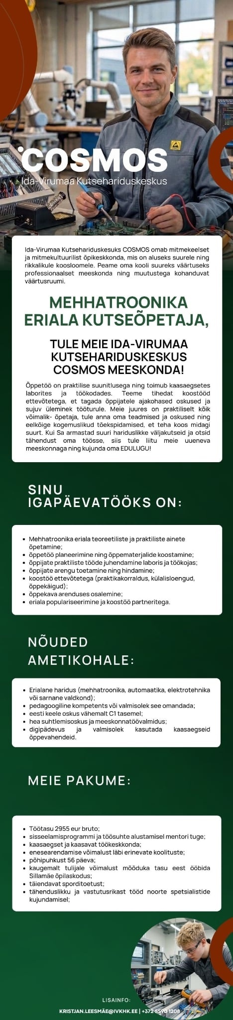 Ida-Virumaa Kutsehariduskeskus Mehhatroonika eriala kutseõpetaja- see töökulutus on just Sulle!