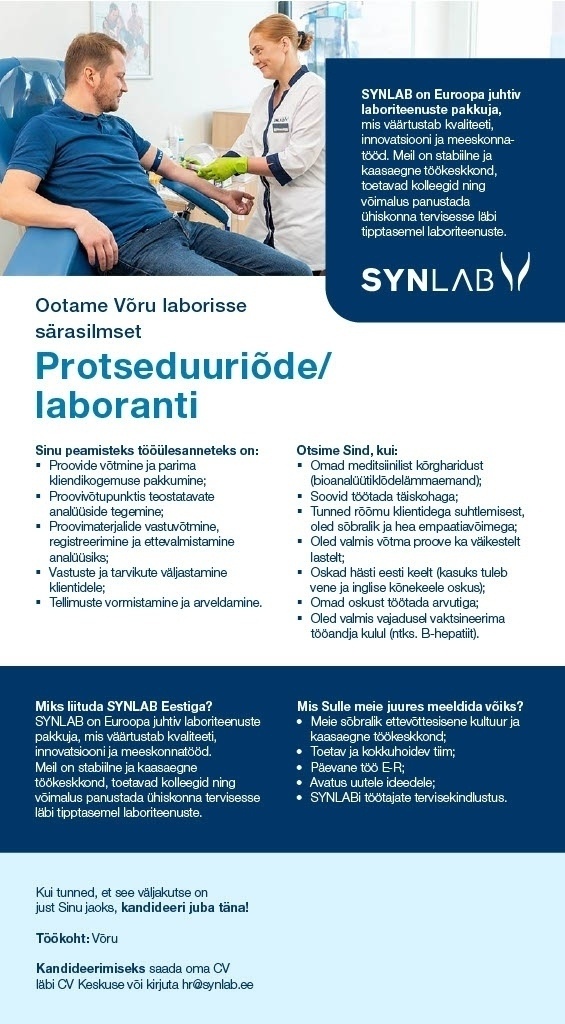 SYNLAB Eesti OÜ Protseduuriõde/laborant