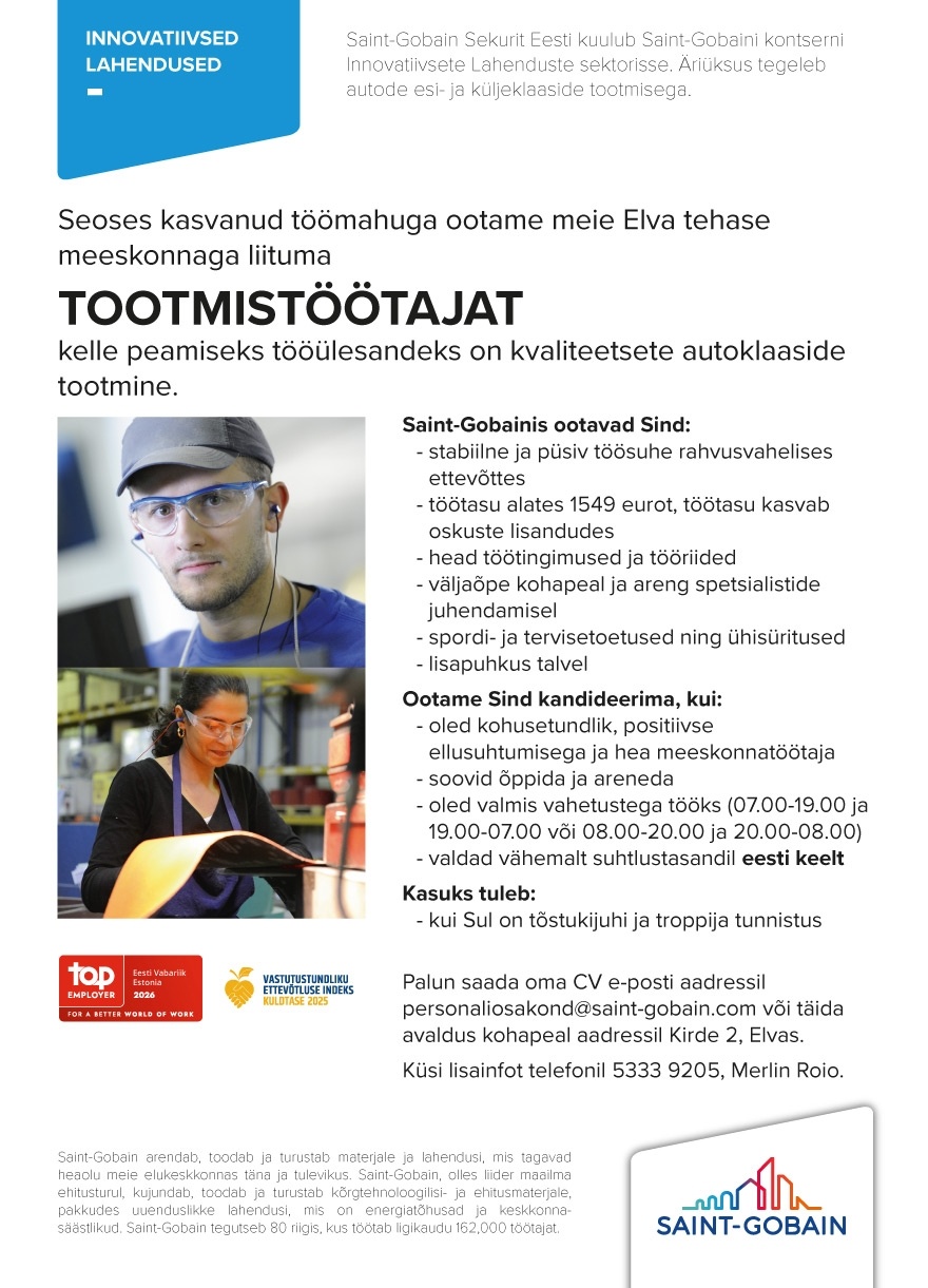 SAINT-GOBAIN GLASS ESTONIA SE Tootmistöötaja (Elvas)