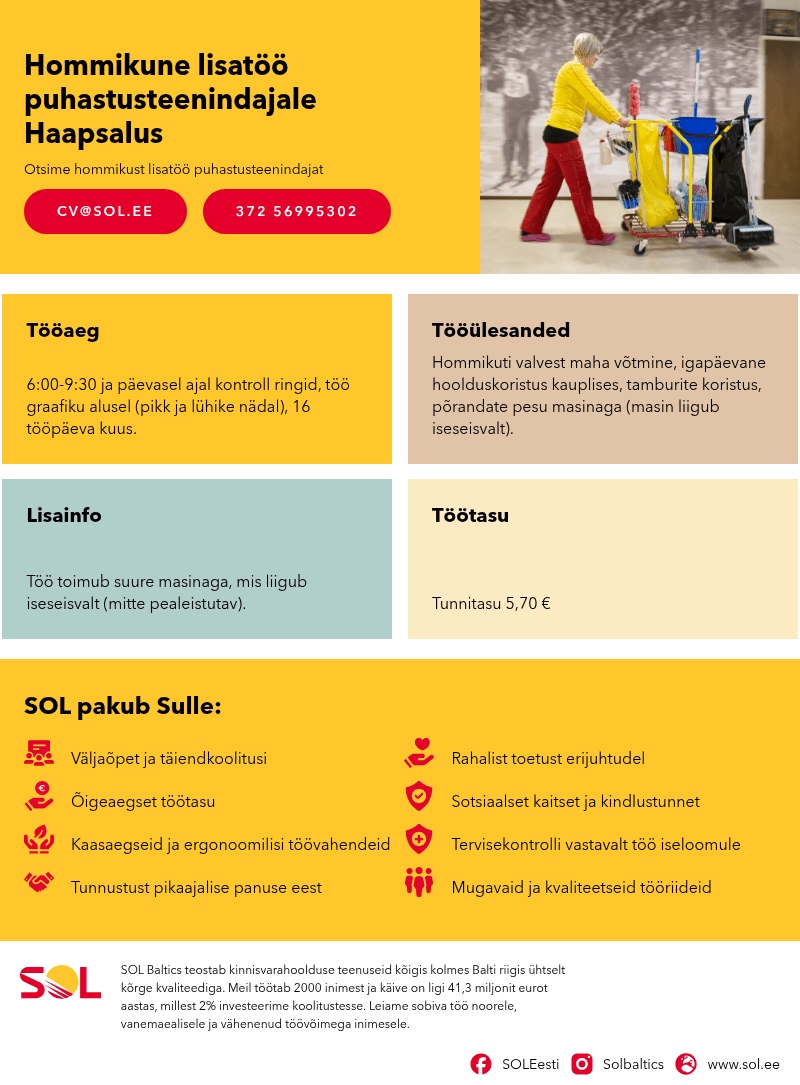 SOL Baltics OÜ Hommikune lisatöö puhastusteenindajale Haapsalus