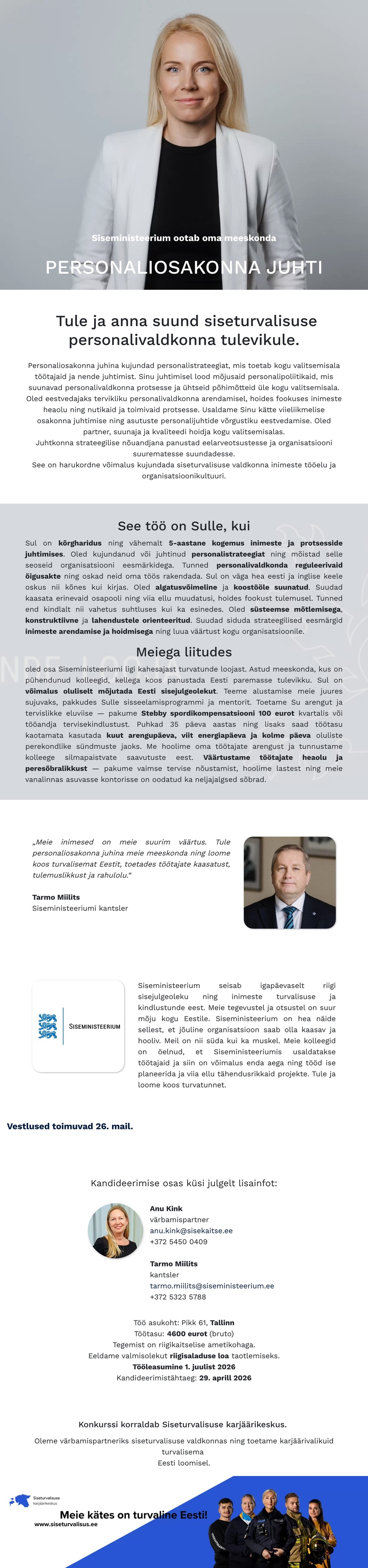 Siseturvalisuse karjäärikeskus Personaliosakonna juht
