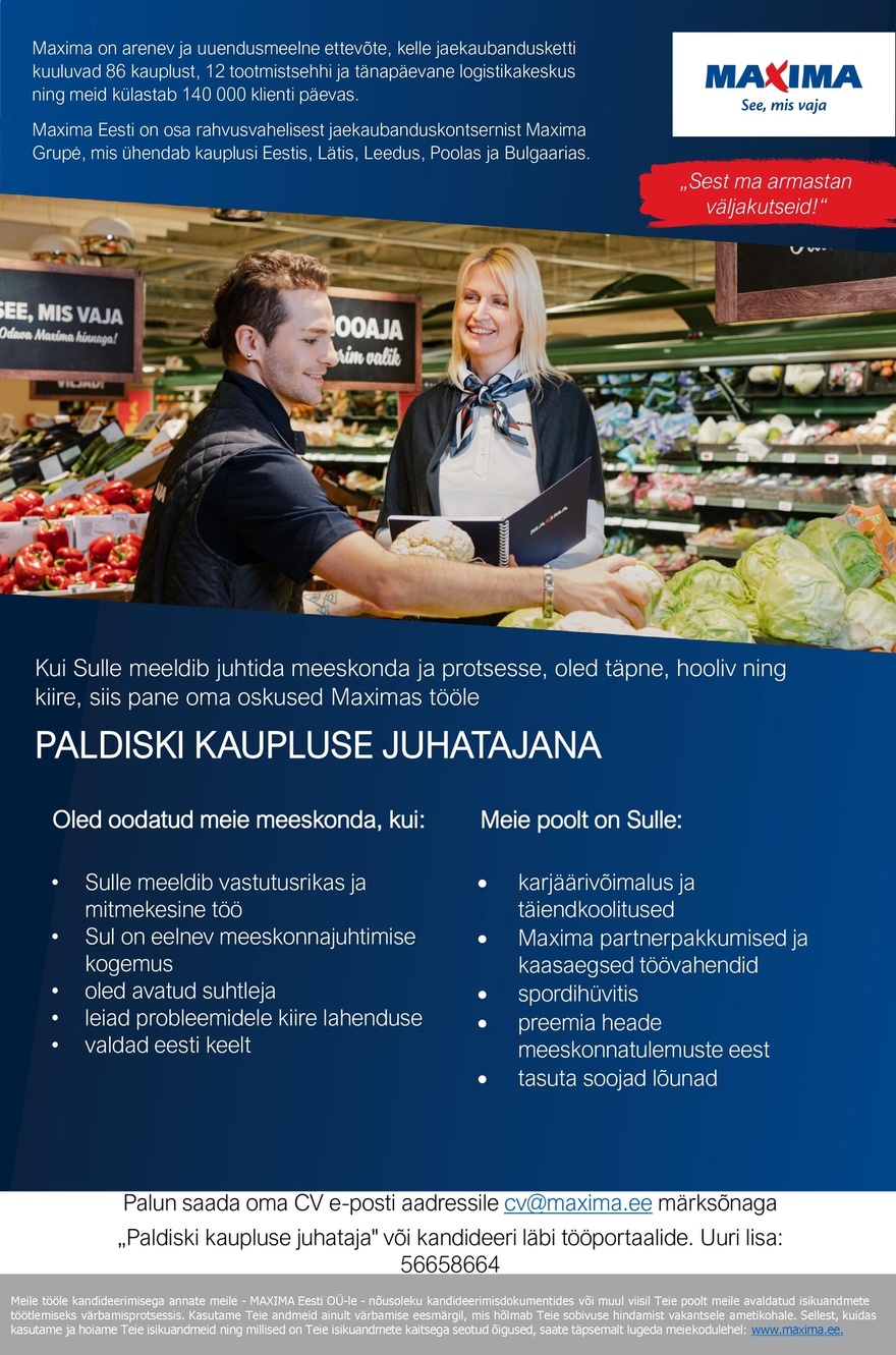 Maxima Eesti OÜ Paldiski kaupluse juhataja