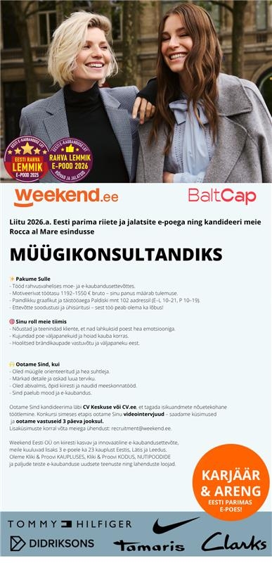 Weekend Eesti OÜ TOETAV MEESKOND & HUVITAV TÖÖ - MÜÜGIKONSULTANT ROCCA AL MARE esinduskauplusesse