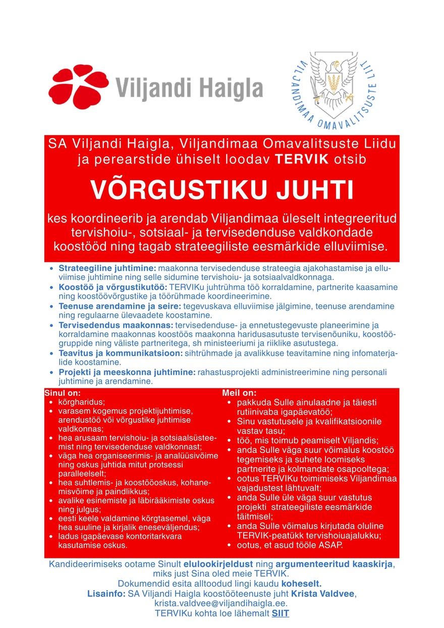 SA Viljandi Haigla TERVIK võrgustiku juht