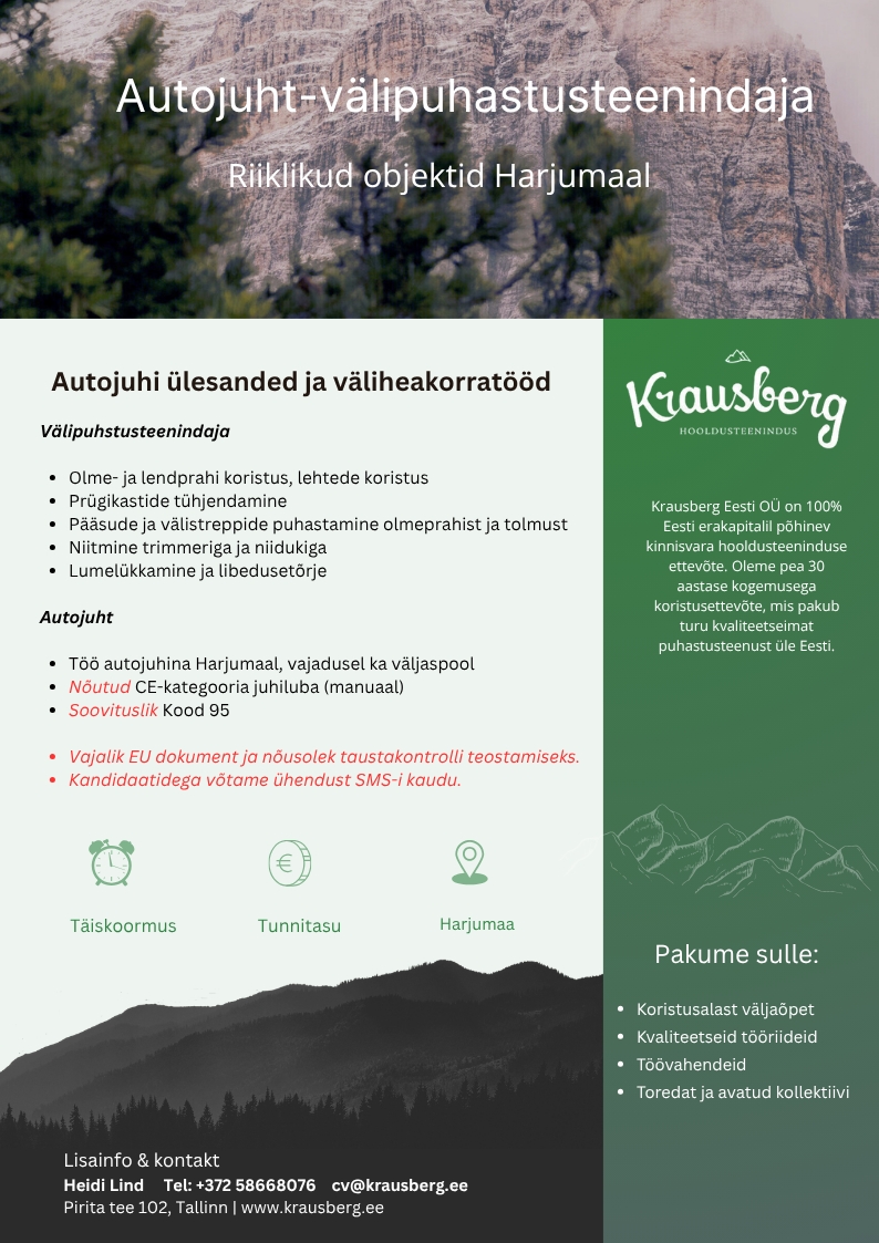 Krausberg Eesti OÜ Autojuht- välipuhastusteenindaja, Harjumaa