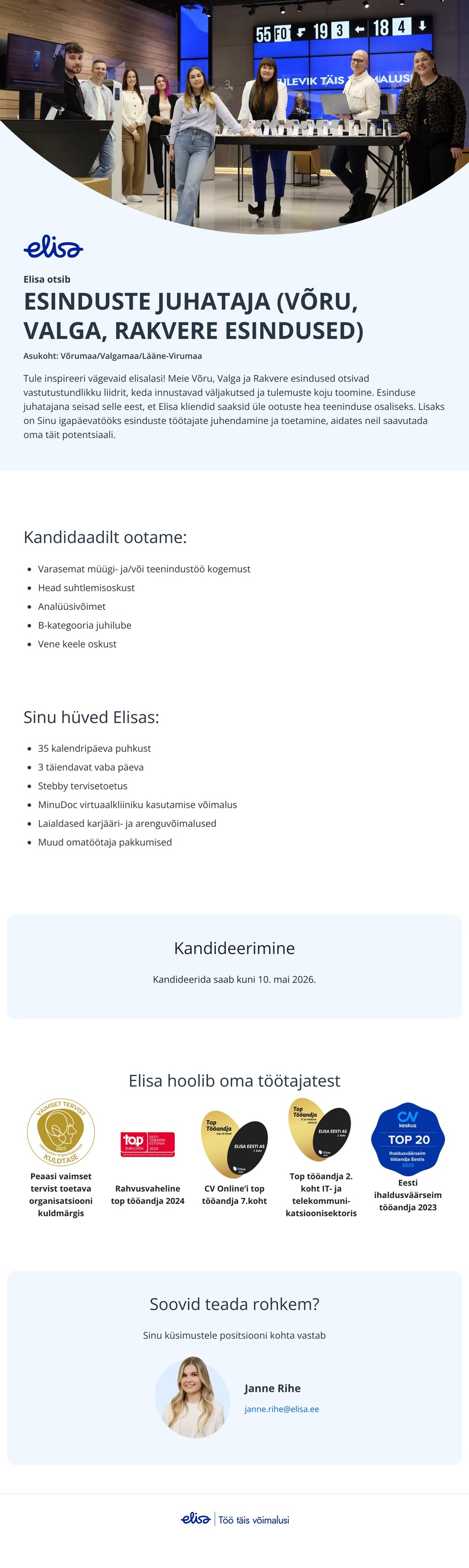 Elisa Eesti AS Esinduse juhataja (Võru, Valga, Rakvere esindused)