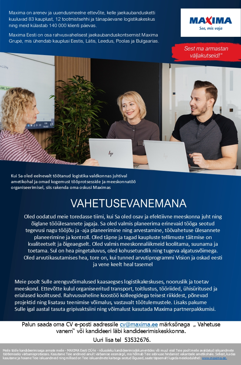 Maxima Eesti OÜ Vahetusevanem Maxima Logistikakeskuses