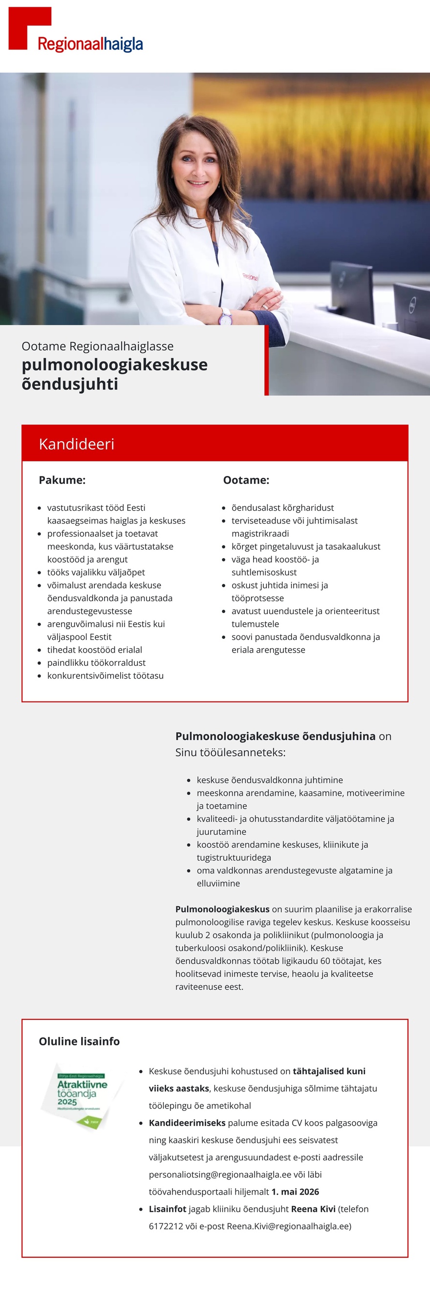 Põhja-Eesti Regionaalhaigla Õendusjuht pulmonoloogiakeskusesse