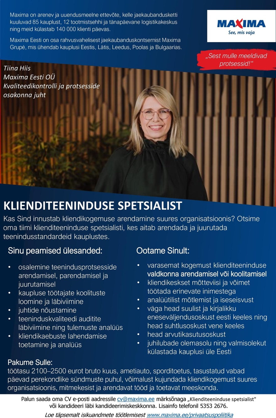 Maxima Eesti OÜ Klienditeeninduse spetsialist