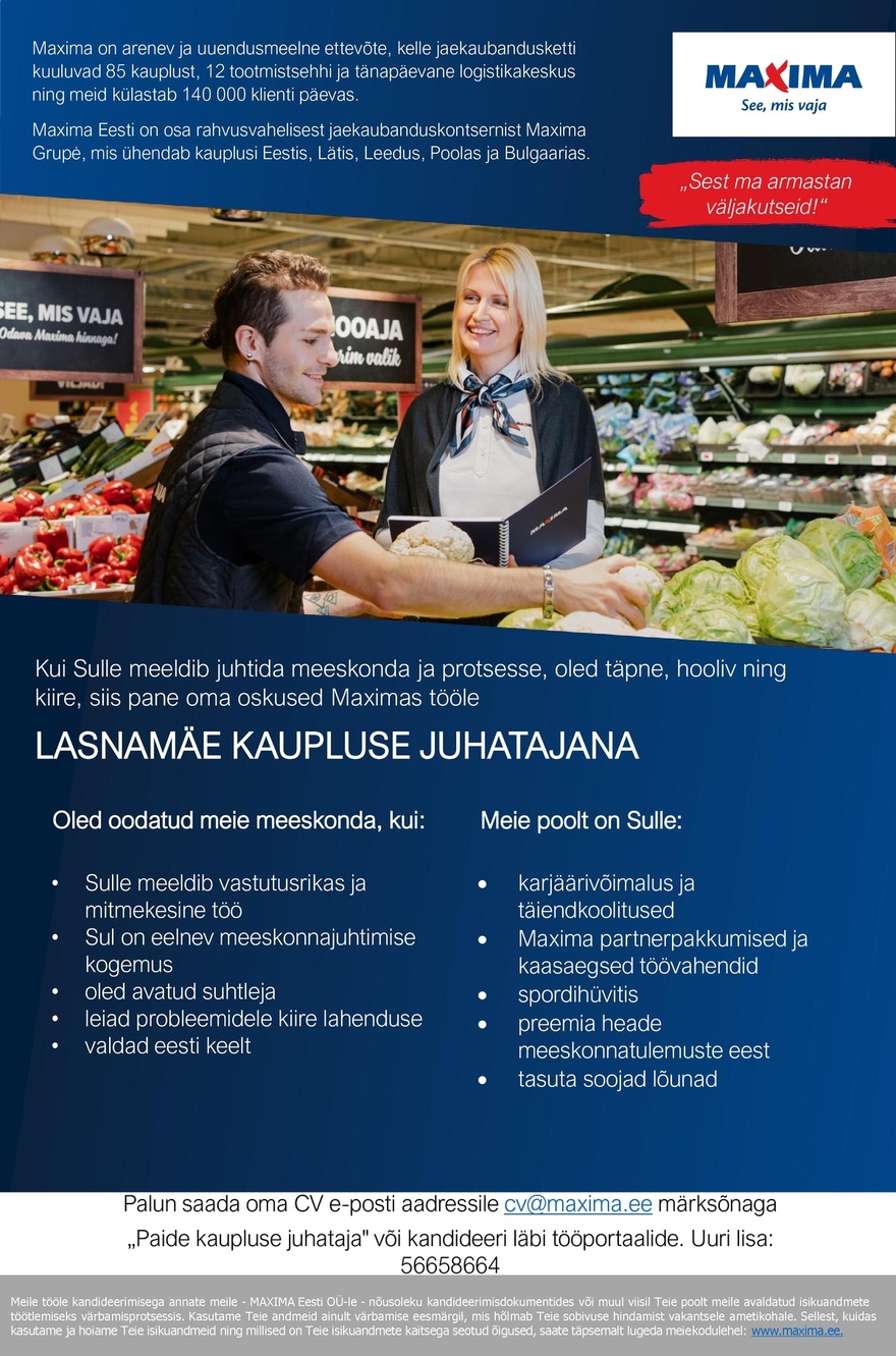 Maxima Eesti OÜ Lasnamäe kaupluse juhataja