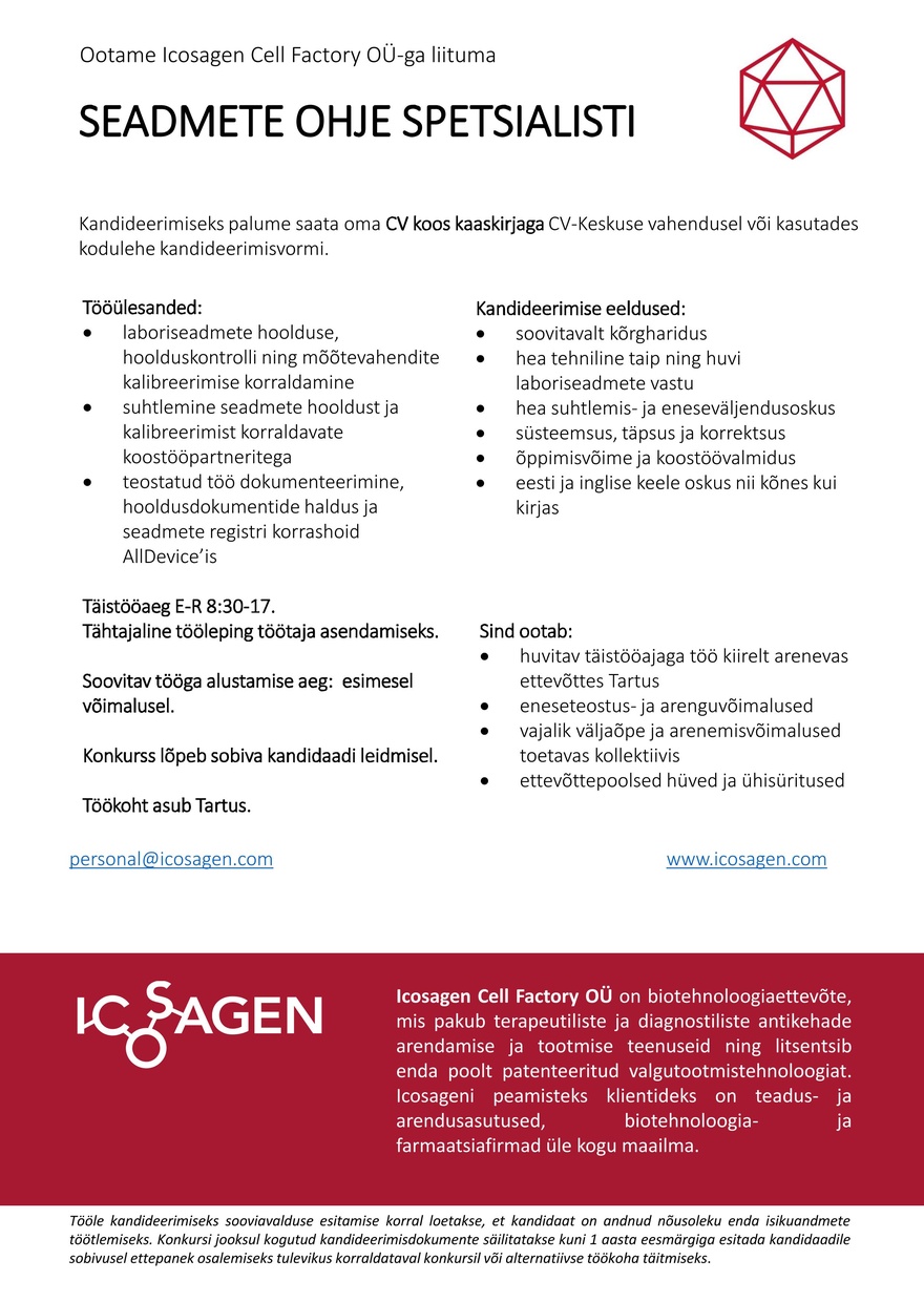 Icosagen Cell Factory OÜ SEADMETE OHJE SPETSIALIST